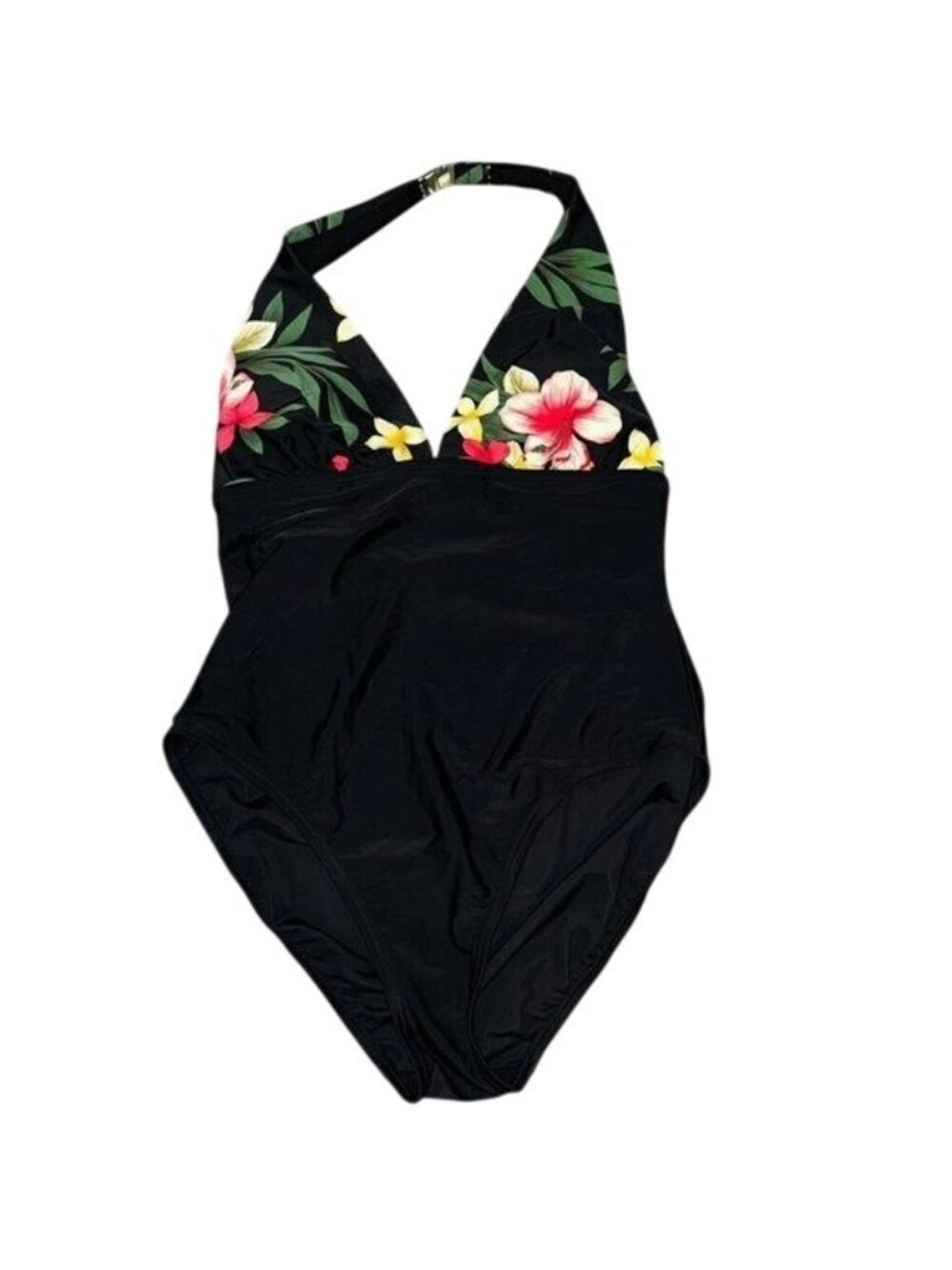 Beach Cabana Halter One-Piece Swimsuit With Floral Print Black L Nylon/Spandex